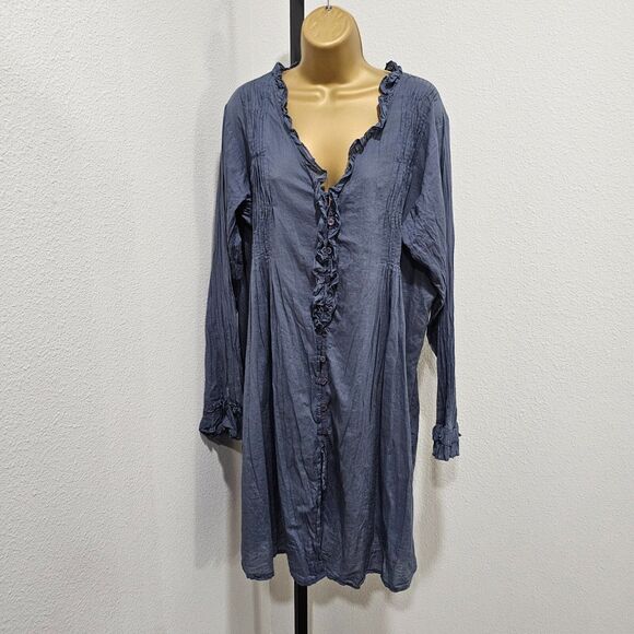 Midi Dress Womens L Cottagecore Blue Ruffle Boho Apu Crinkle Long Sleeves Deep V - Picture 1 of 9